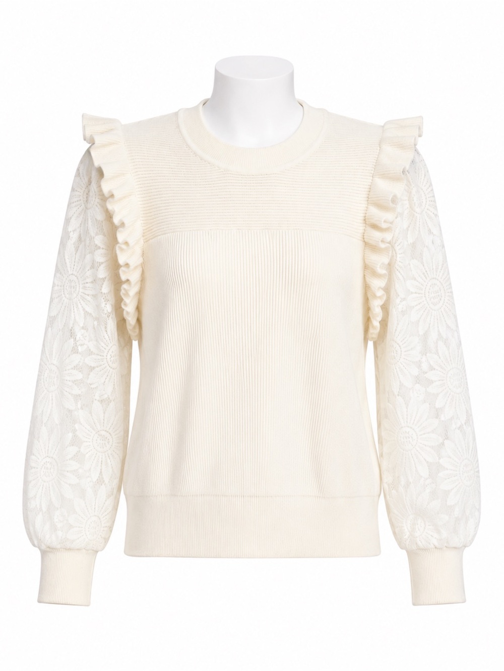 Size‎ L Women’s Ivory Floral Lace Sleeve Ruffle Ribbed Knit Sweater